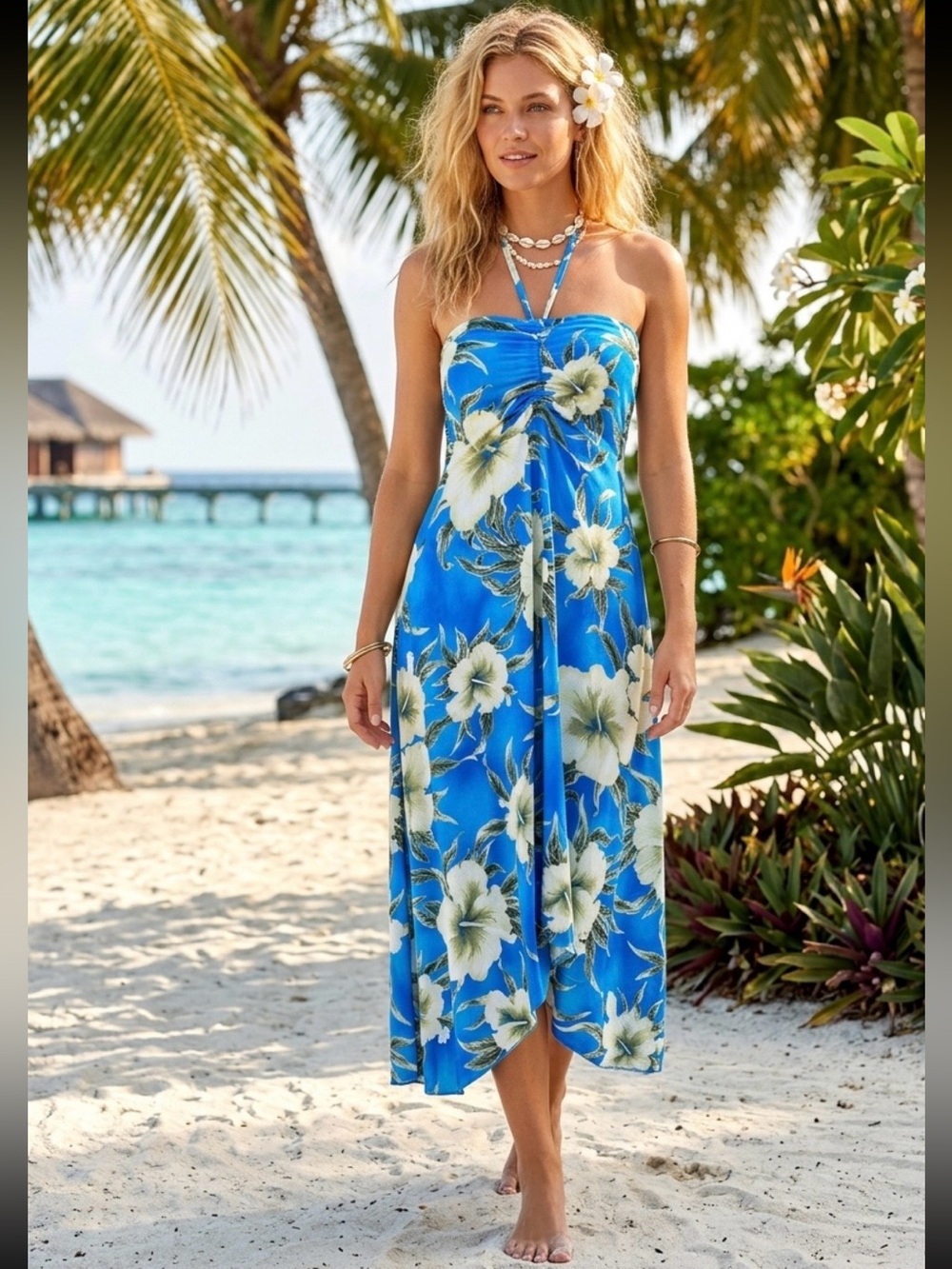 Sunny Island Hawaii Blue with White Hibiscus Floral Halter High Low Dress